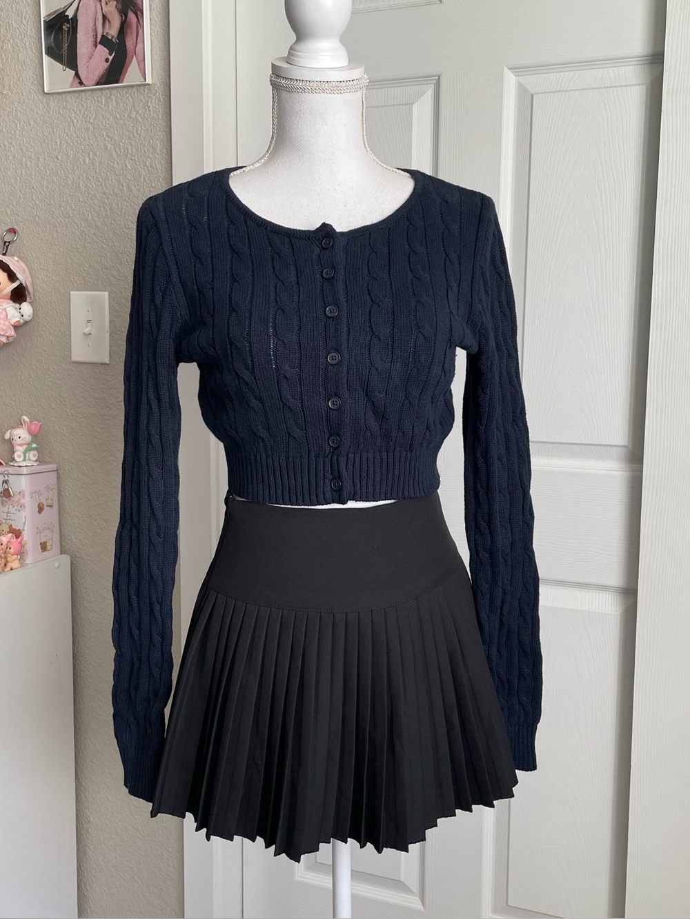Navy Cable Knit Cropped Cardigan